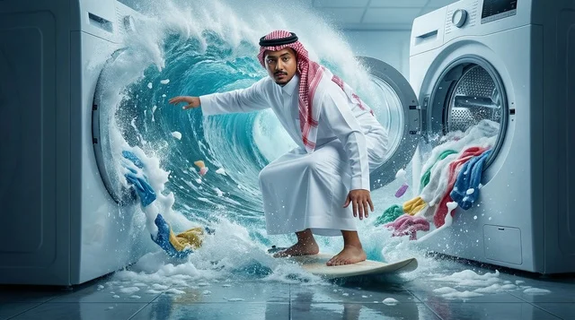 Arab Man Surfing Ocean Wave in Laundry Room