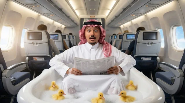 Saudi Man in Bathtub on Airplane with Rubber Ducks