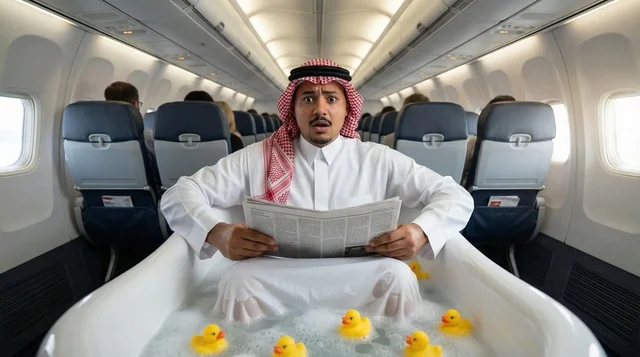 Saudi Man in Bathtub on Airplane Cabin