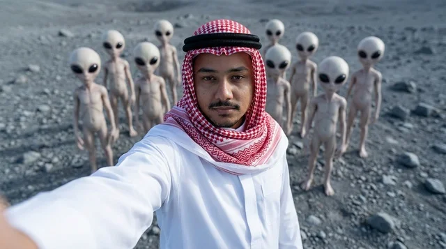 Saudi Man Selfie with Aliens on Moon Surface