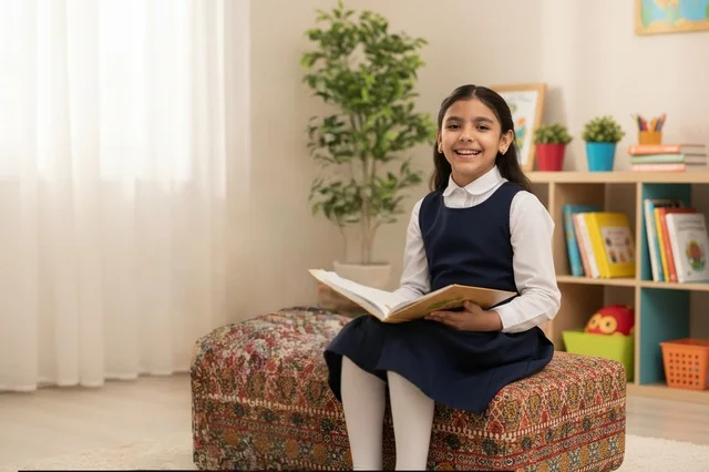 Saudi Schoolgirl Reading Book in Classroom Uniform