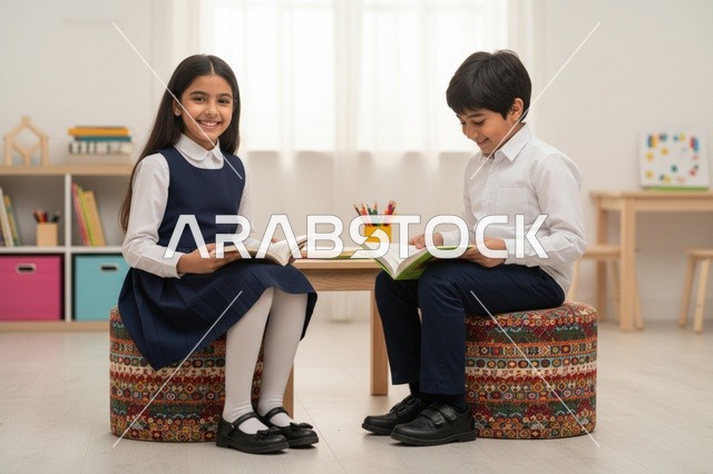 طلاب مدارس عرب يقرأون الكتب في الفصل الدراسي