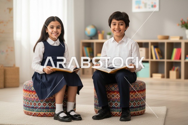 Saudi Elementary Students Reading in Classroom Library