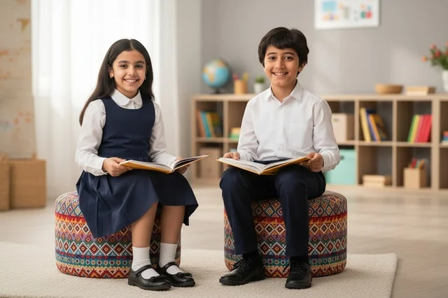 Saudi Elementary Students Reading in Classroom Library