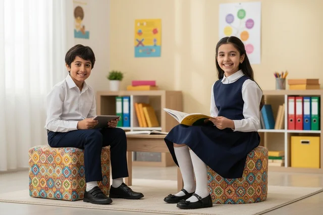 Arab Students in Uniform Sitting in Modern Classroom