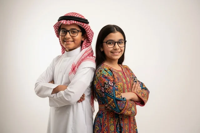 Saudi Children in Traditional Dress on White Background