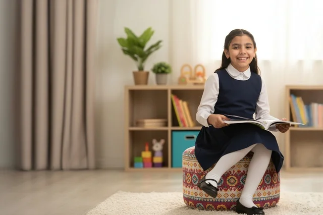 Saudi Schoolgirl Reading Book in Classroom Uniform