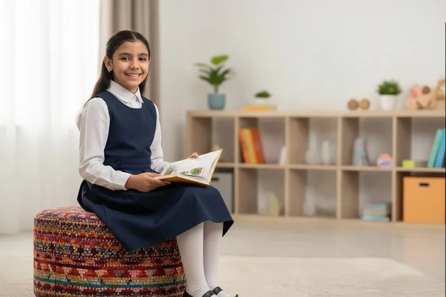 Saudi Girl in School Uniform Reading a Book