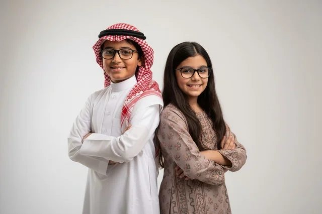 أطفال سعوديون بملابس تقليدية في استوديو