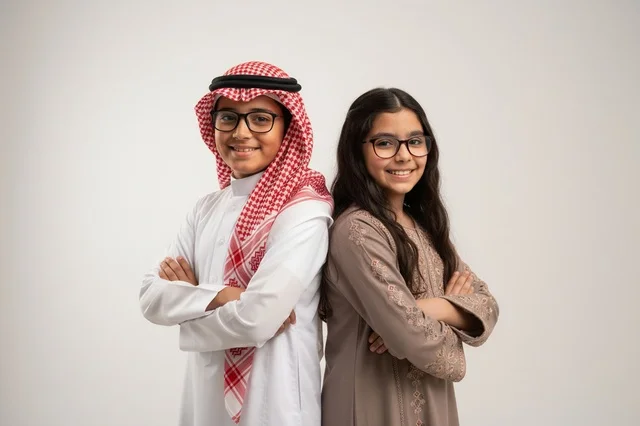 أطفال سعوديون بالزي التقليدي والنظارات الطبية
