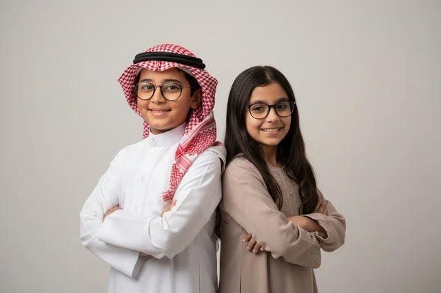 Saudi Boy and Girl in Traditional Dress with Glasses