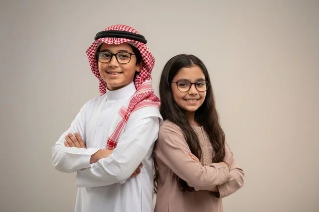 Saudi Boy and Girl in Traditional Dress with Glasses