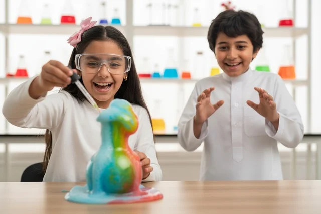 Saudi Children Conducting Science Experiment in Lab