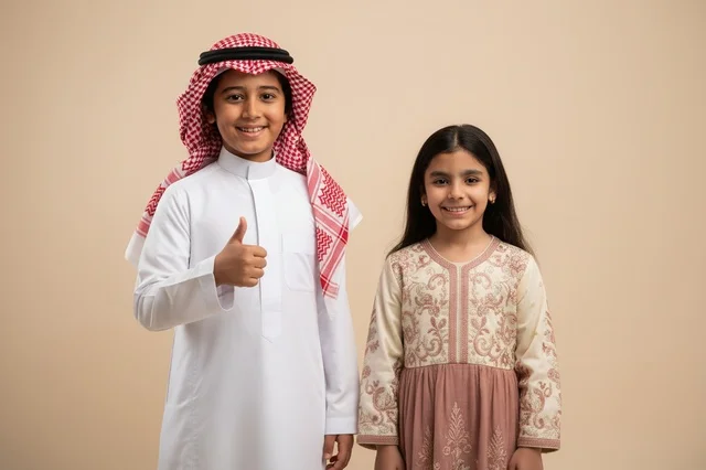 Saudi Children in Traditional Dress with Thumbs Up