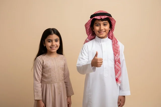 Saudi Children in Traditional Attire Giving Thumbs Up