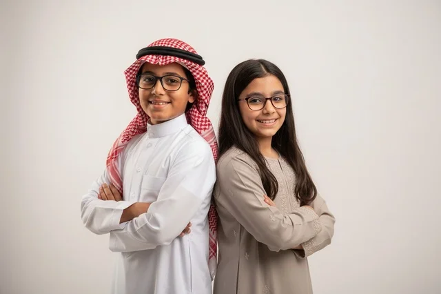 أطفال سعوديون بالزي التقليدي في خلفية بيضاء