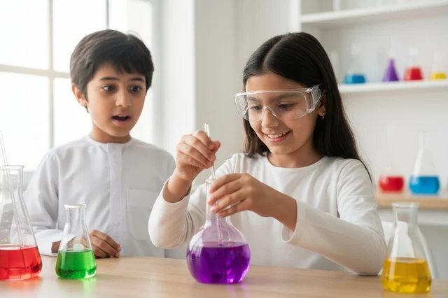 Emirati Children Doing Science Experiment in Laboratory