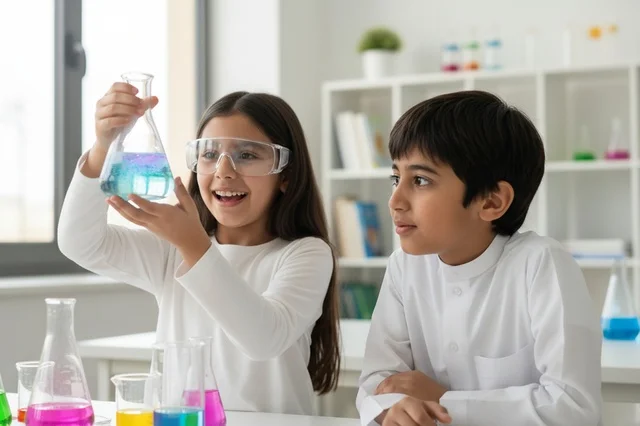Arab Children Conducting Science Experiment in School Lab
