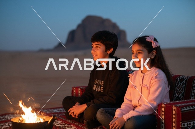 أطفال عرب يجلسون حول نار المخيم في الصحراء