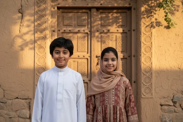 Saudi Children in Traditional Dress by Heritage Mud House