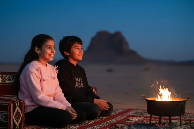 أطفال عرب يخيمون في صحراء السعودية بجانب النار