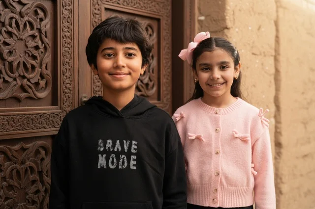 Saudi Children Standing by Traditional Carved Door