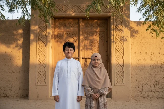 Saudi Children in Traditional Clothes at Heritage Village