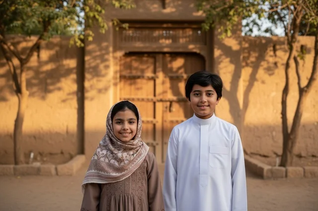 Saudi children in front of an old traditional wooden door.