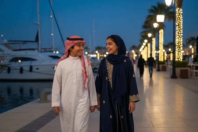 أطفال سعوديون بالزي التقليدي في مارينا اليخوت