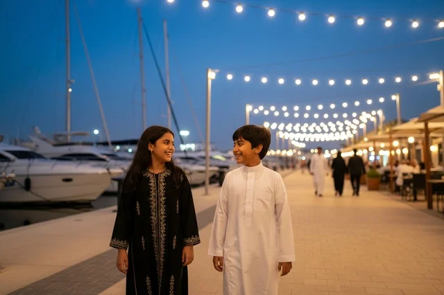 Saudi Children at Marina Promenade with String Lights
