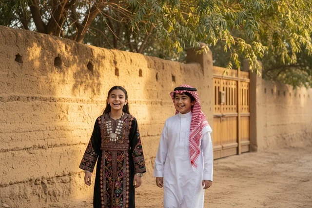 Saudi Children in Traditional Dress by Heritage Mud Wall