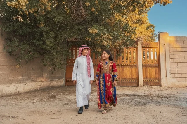 Saudi Children in Traditional Clothing Walking Outdoors