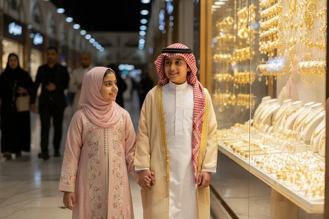 أطفال سعوديون بملابس تقليدية أمام محل ذهب