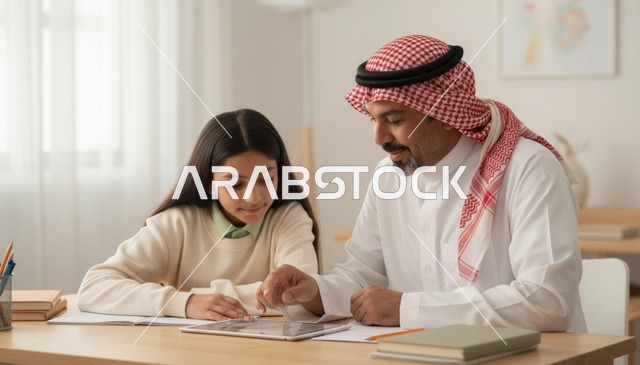 أب سعودي يساعد ابنته في الدراسة باستخدام الجهاز اللوحي