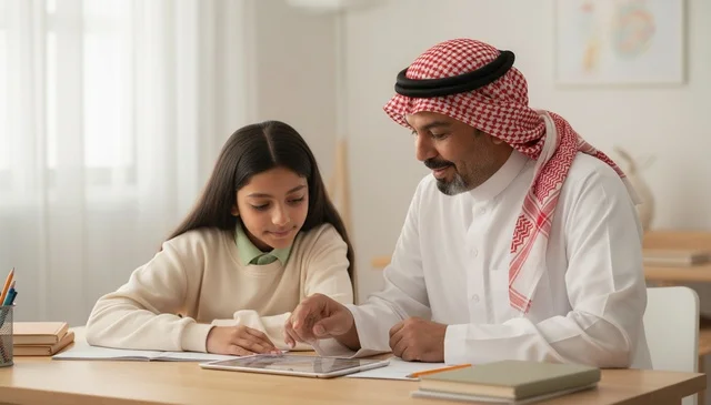 Saudi Father and Daughter Using Tablet for Learning
