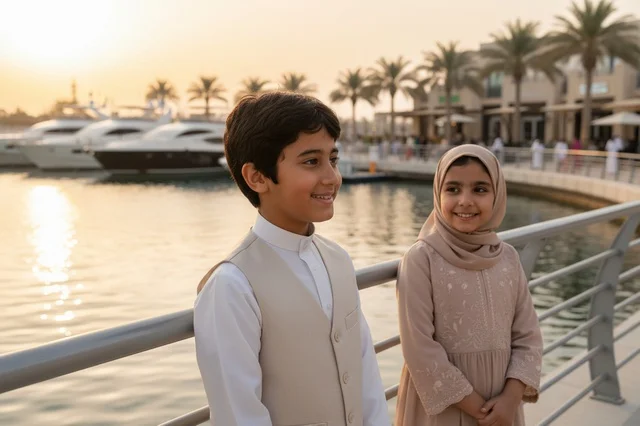Saudi Children in Traditional Clothing at Marina Sunset