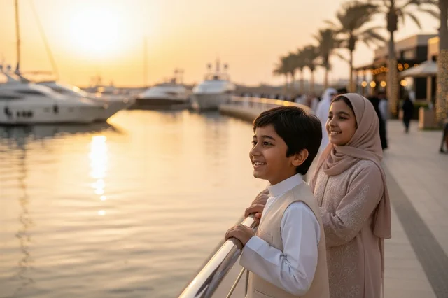 Saudi Children in Traditional Clothing at Marina Sunset