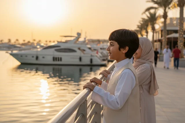 أطفال إماراتيون في المرسى وقت غروب الشمس الذهبي