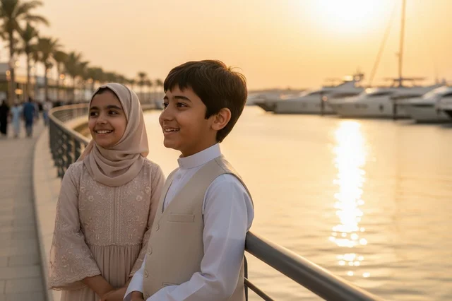 Saudi Siblings in Traditional Clothing at Marina Sunset