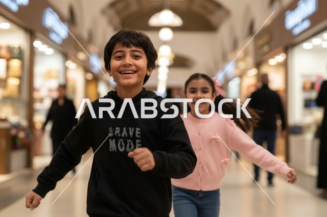 طفل وطفلة عربيان يركضان بمرح داخل مركز تسوق تجاري