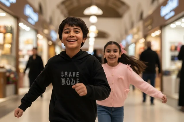 طفل وطفلة عربيان يركضان بمرح داخل مركز تسوق تجاري