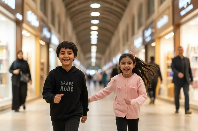 Happy Saudi Arab Children Running in Shopping Mall