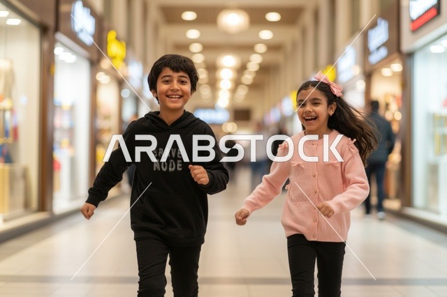 أطفال عرب يركضون في مركز تسوق مضاء