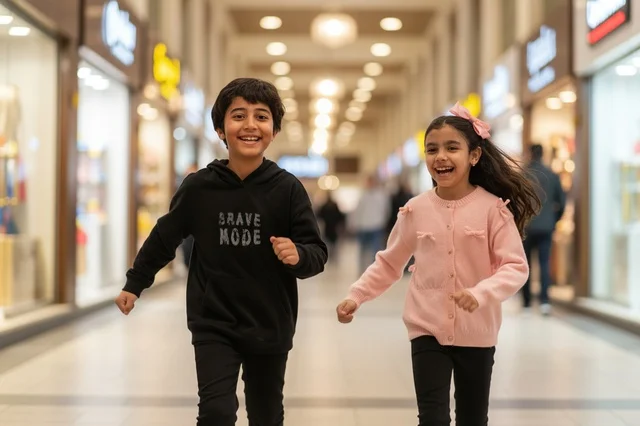 أطفال عرب يركضون في مركز تسوق مضاء