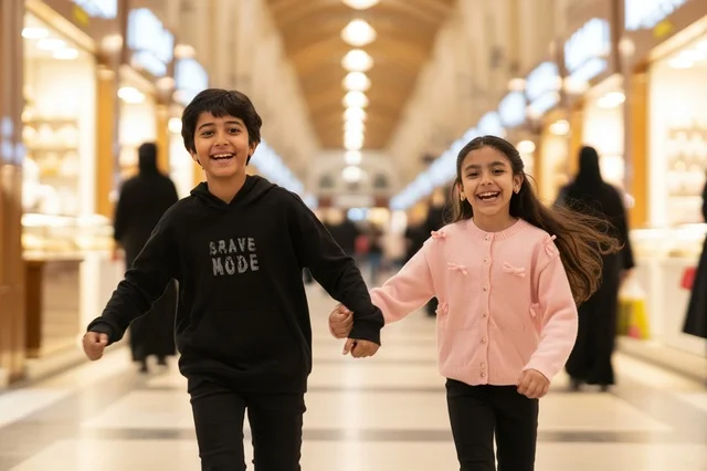 أطفال عرب يركضون داخل مركز تسوق تقليدي