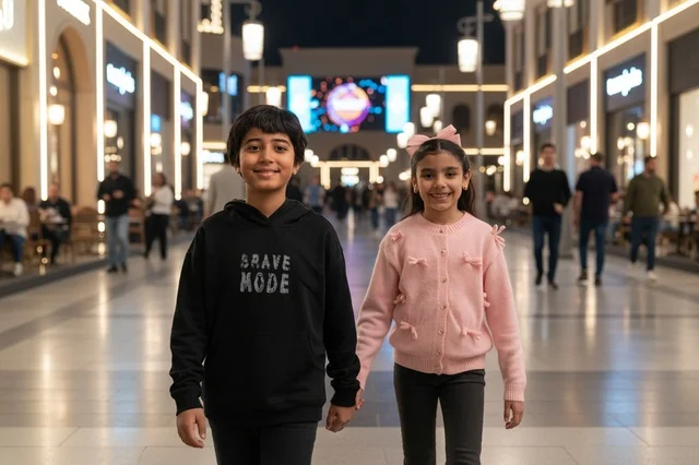 Arab Children Walking in Modern Shopping Mall at Night