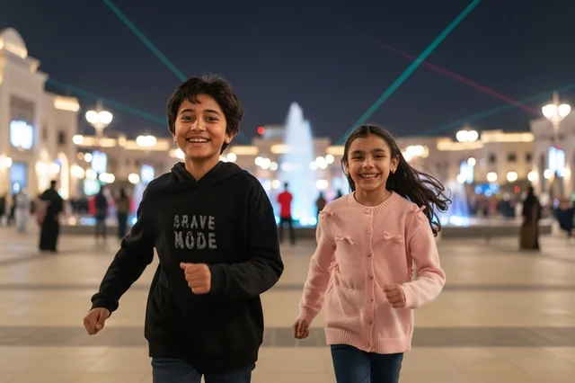 أطفال سعوديون يركضون في ساحة عامة ليلاً