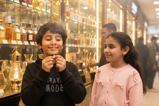 Saudi Children in Traditional Perfume and Oud Shop