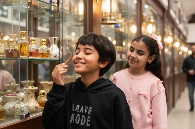Arab Boy Smelling Agarwood Oud in Perfume Shop Arab Boy Smelling Agarwood Oud in Perfume Shop