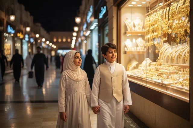 أطفال إماراتيون في سوق الذهب التقليدي ليلاً